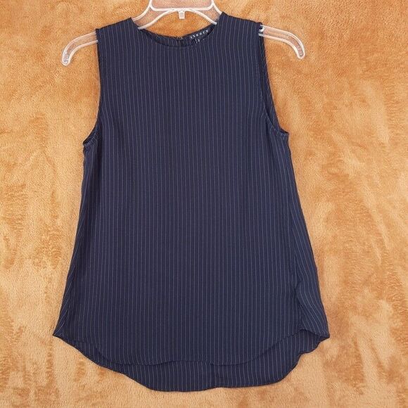 THEORY Top Womens Small Black Pinstripe Sleeveless Silk Shell Tank FLAWED - Picture 1 of 8